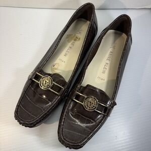 Anne Klein Iflex Dark Brown Faux Leather Croc Loafer Square Toe Gold Size 8.5